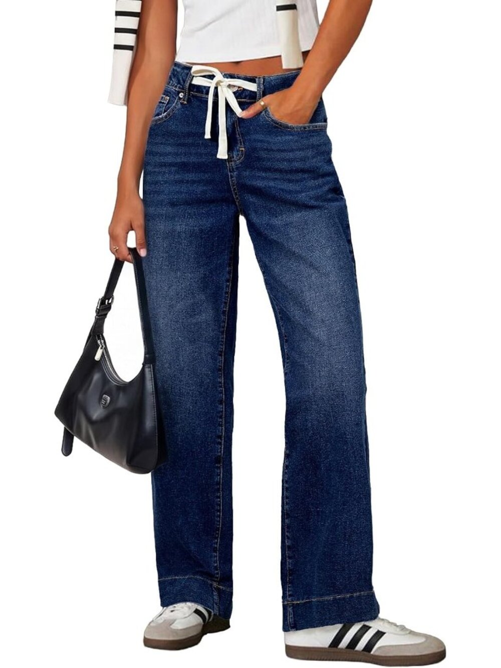 Women's Bluing High Waisted Straight Leg Adjustable Drawstring Denim Pants